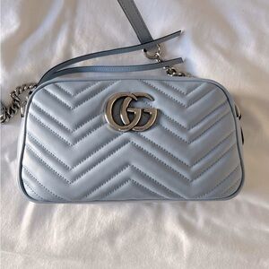 Authentic Gucci GG Marmont Calfskin Crossbody Chain Shoulder Bag Blue